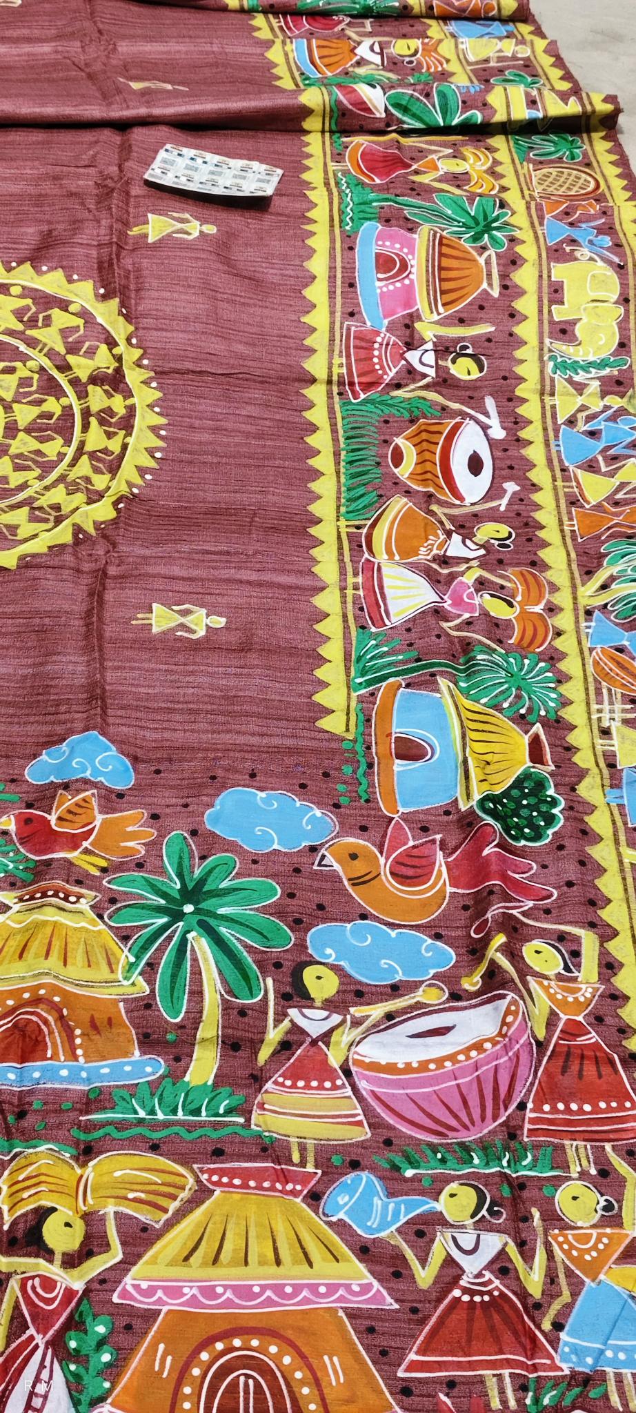 Warli Painting Tussar Silk Saree, Painted sarees, Warli Folk Painting saree, Warli Art sarees, Pure Silk saree, Saree for women,  party wear saree, Printed saree, Handloom saree, Sari, designer saree, saree collection, saree shop near me, Bridal saree, soft silk saree