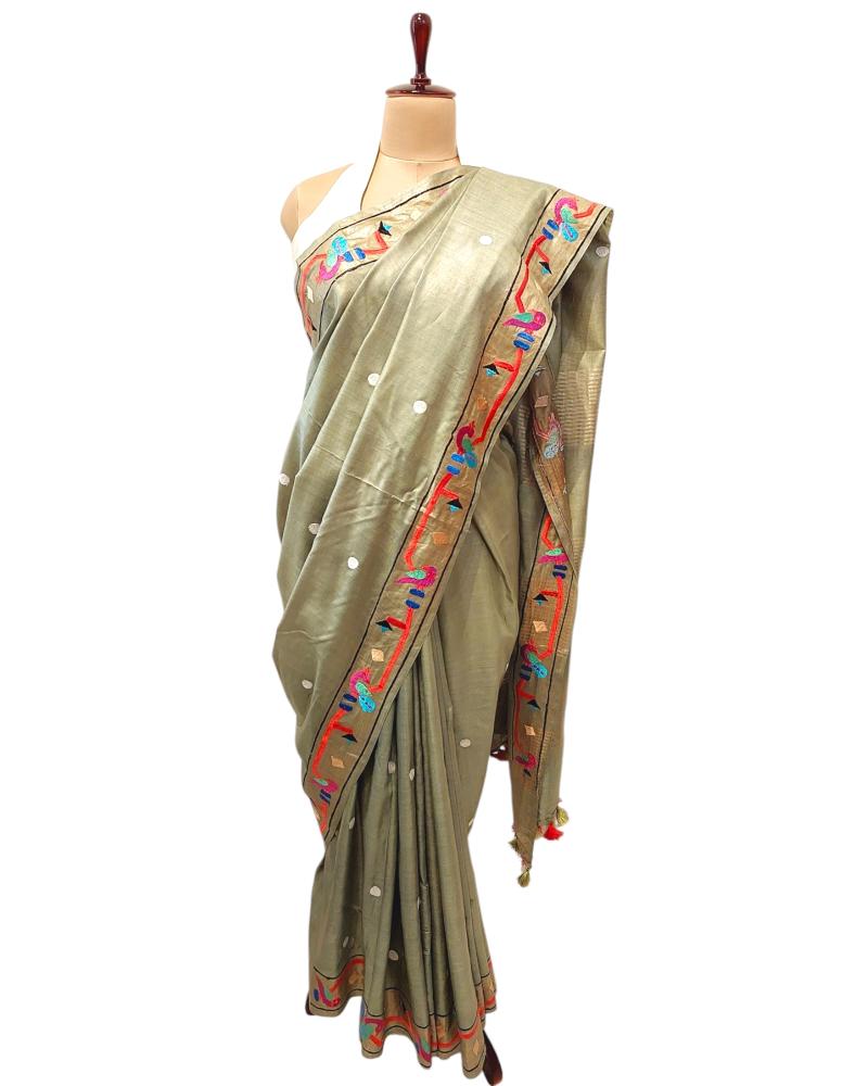 Tussar Silk sarees with Embroidery work, Tussar Silk saree, Sage green saree, Pastel Tussar Silk saree, Paithani Embroidered Saree, Zari Tussar Silk sarees, Tussar silk, Handwoven Saree, sarees