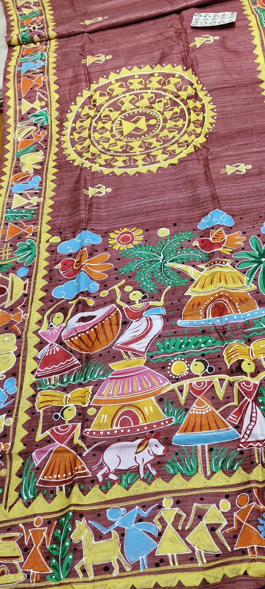 Warli Painting Tussar Silk Saree, Painted sarees, Warli Folk Painting saree, Warli Art sarees, Pure Silk saree, Saree for women,  party wear saree, Printed saree, Handloom saree, Sari, designer saree, saree collection, saree shop near me, Bridal saree, soft silk saree