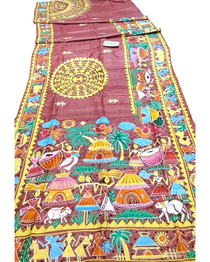 Warli Painting Tussar Silk Saree, Painted sarees, Warli Folk Painting saree, Warli Art sarees, Pure Silk saree, Saree for women, party wear saree, Printed saree, Handloom saree, Sari, designer saree, saree collection, saree shop near me, Bridal saree, soft silk saree
