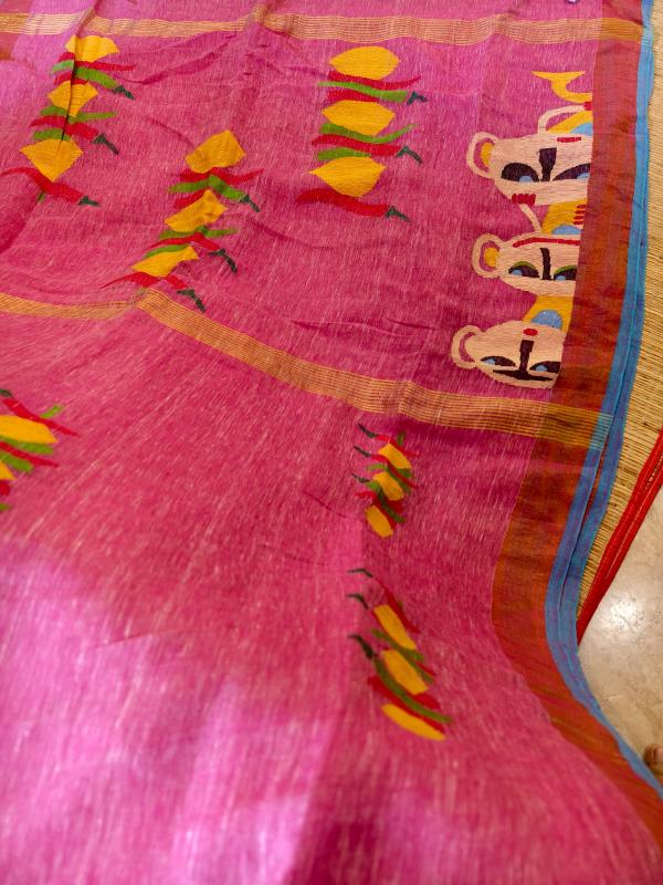 Whacky saree, ORGANIC linen Saree, Nimbu mirchi saree, Pink linen saree Linen jamdani saree
