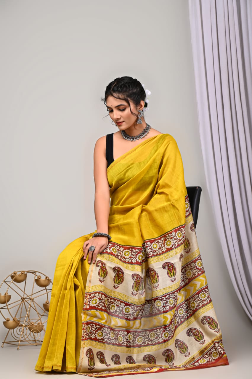 Yellow chanderi silk saree, Chanderi silk saree, Ranga chakra, Chanderi Saree, Daily wear sarees, Small printed saree, Modern Printed Saree, New designer Printed Saree, Chanderi Silk Saree with Zari Border, chanderi cotton silk saree, Handloom Pure Chanderi Silk sarees price, Yellow saree