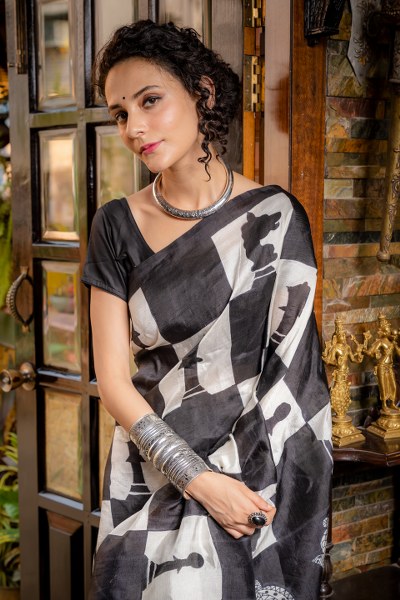 pichwai hand painted saree, chess print saree