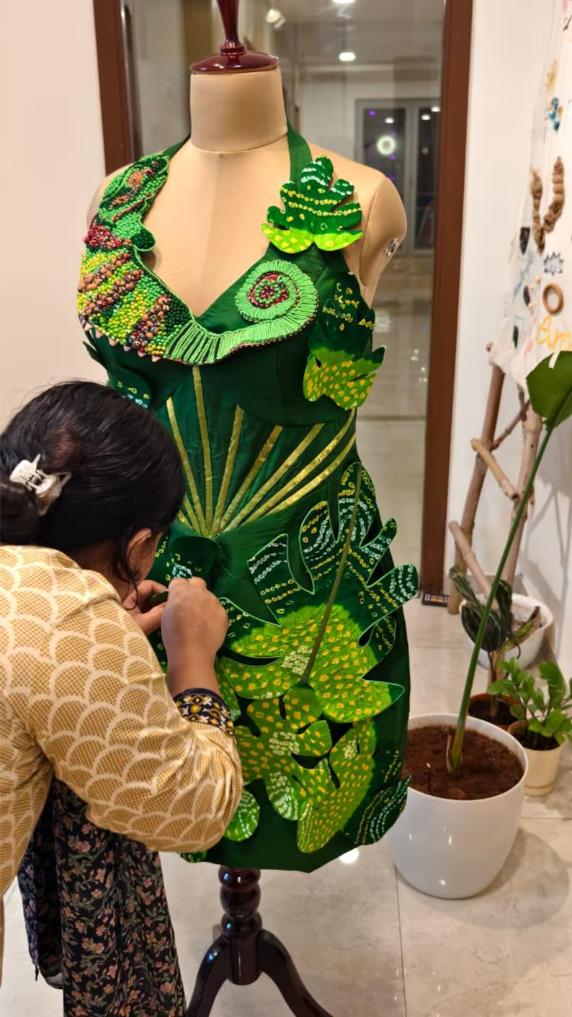 Iguana Dress, Monstera Leaf Designer Outfit, Emerald Green Wearable Art, Exotic Animal Couture, vegan outfit