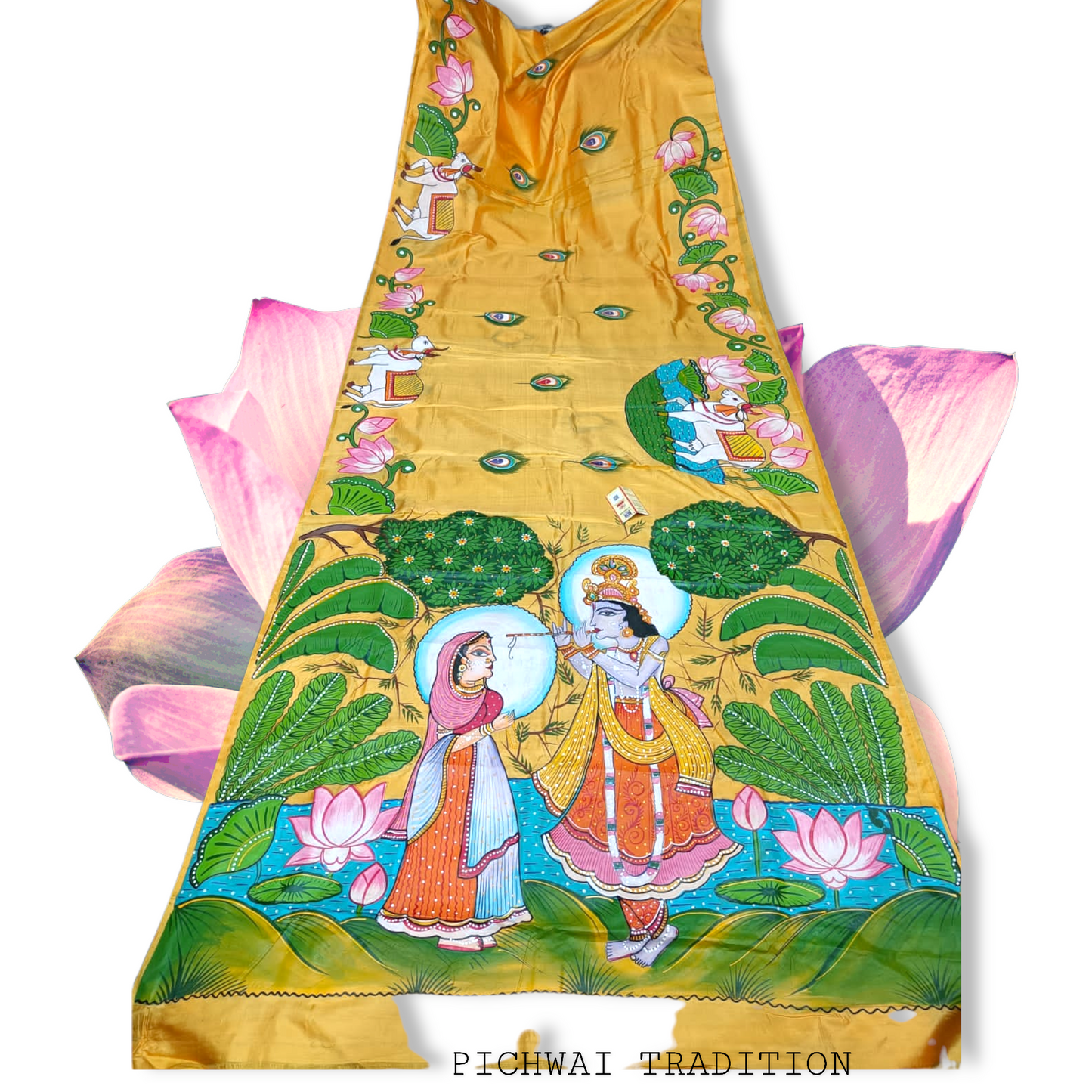 Hand-painted Pattachitra silk saree with Krishna Leela design featuring floral and peacock motifs.