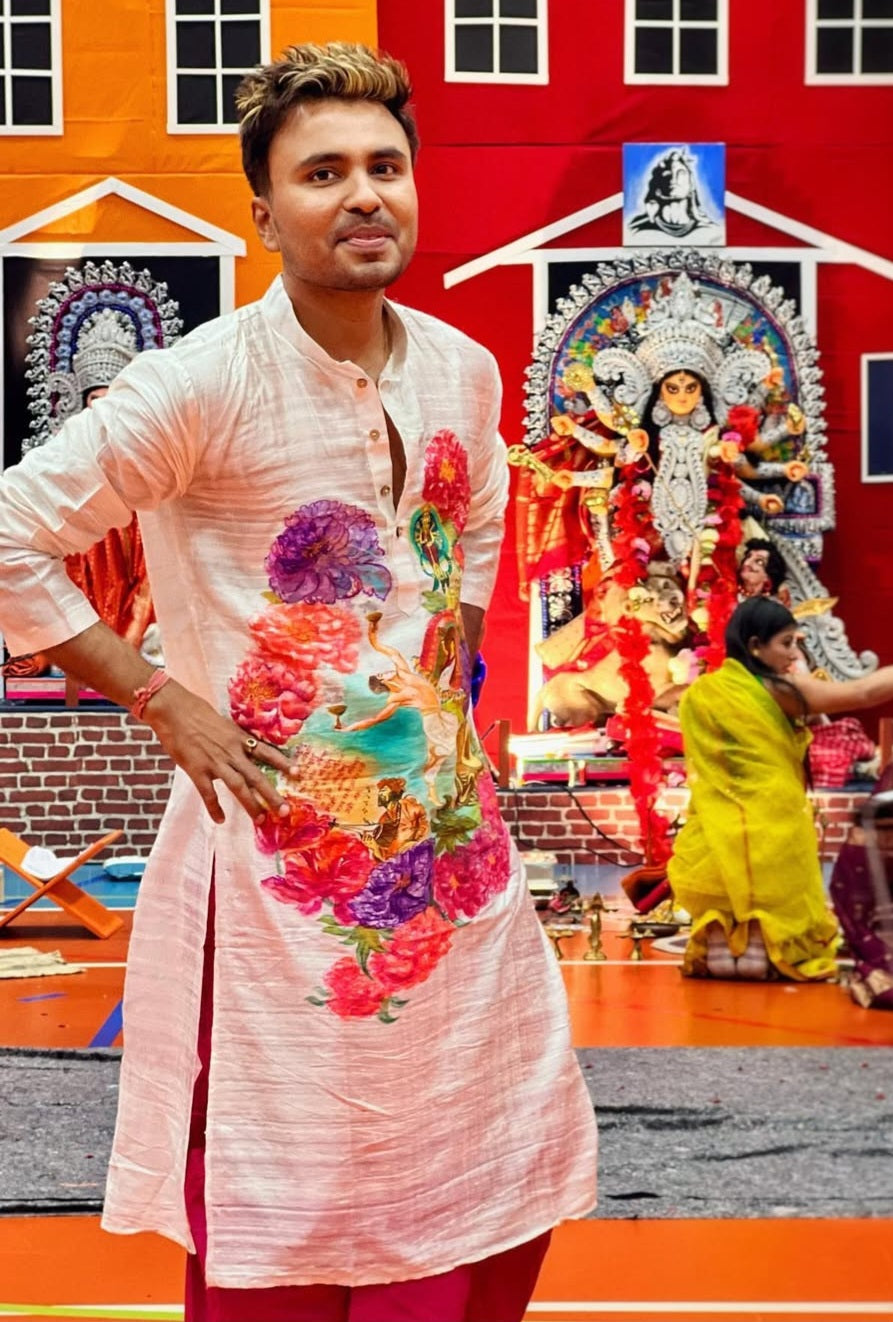 Handpainted durga Kurta, Durga Puja Kurta collection, Silk Mens Kurta, Concept Kurtas for men