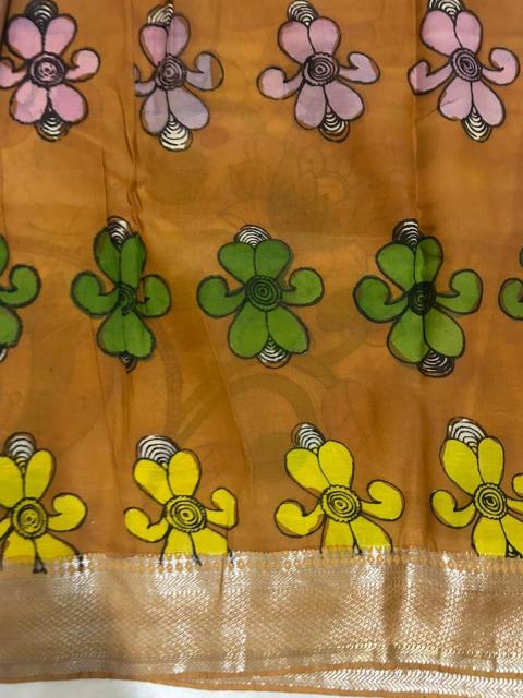 Village theme Pen Kalamkari saree, Handpainted sarees, Kalamkari sarees, Pure silk Kalamkari sarees, Beige painted saree, sarees for women