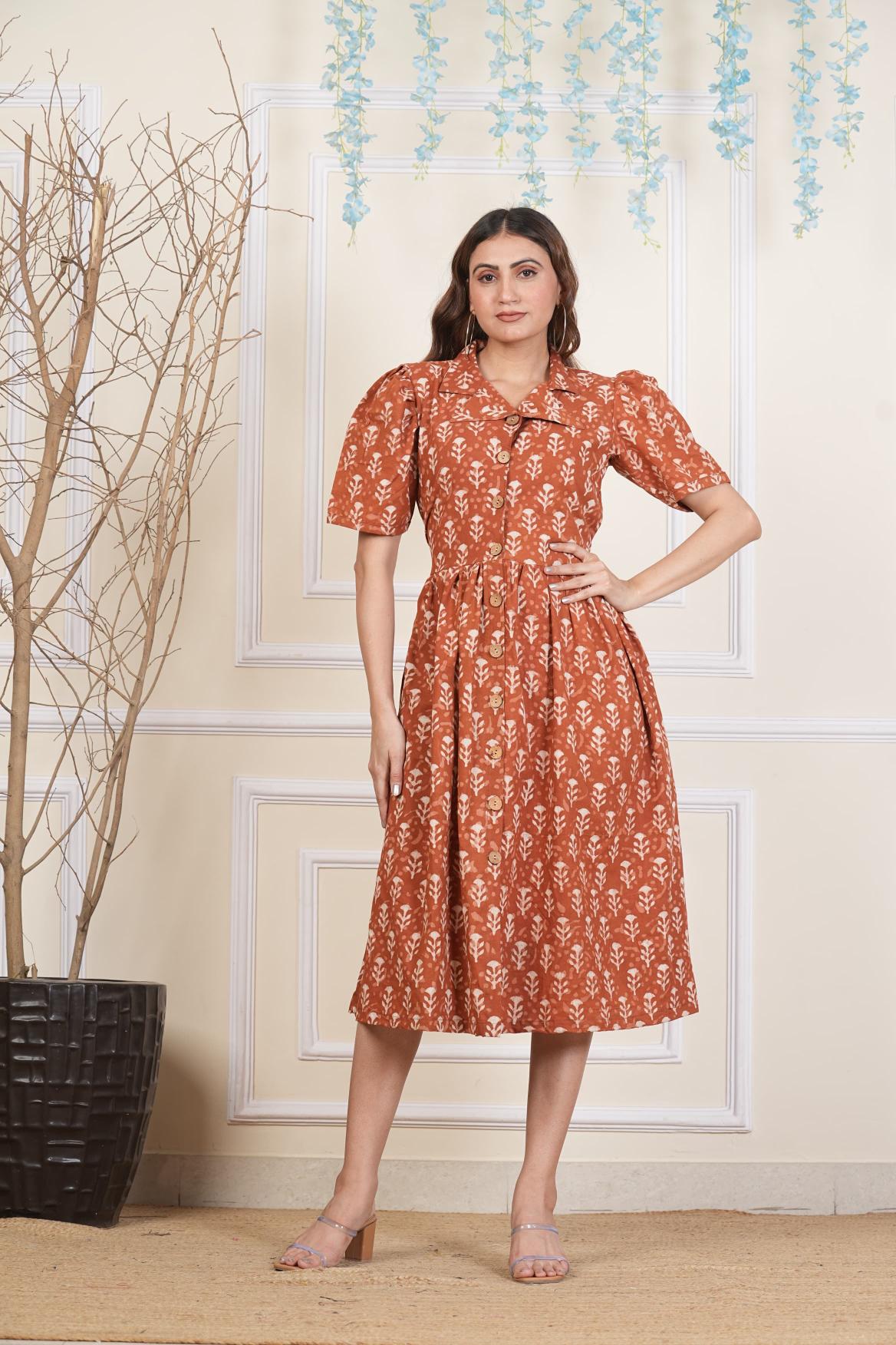 Terracotta Dress, Pure cotton Dress, sustainable dresses, Hand loom dresses, Indigo dresses, Block printed Dress, Monson Dresses, Gerua dress, Rui Fish dress, Fish printed Dress, Puffed sleeve dress, Matte Red cotton dress, Orange dress, Pocket dress, One piece Dress,  Cotton Dress,  Collar dress,, Summer dress