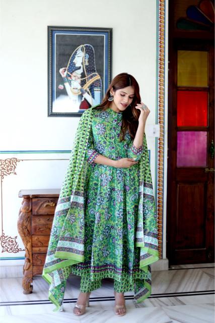 Pastel green Floral Cotton Anarkali Suit
