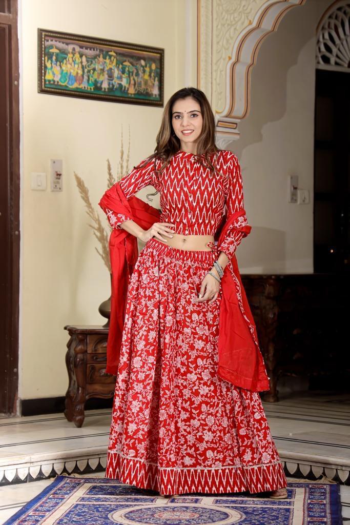 Coral Red Mul Cotton Lehenga Set