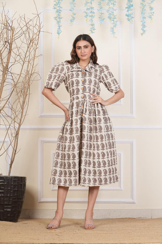Beige Paisley Cotton dress,Feather prints, Pure cotton Dress, sustainable dresses, Hand loom dresses, Indigo dresses, Block printed Dress, Monson Dresses, Gerua dress, , feather printed Dress, Puffed sleeve dress, Matte Red cotton dress, Orange dress, Pocket dress, One piece Dress,  Cotton Dress,  Collar dress,, Summer dress, , Kalamkari Dress