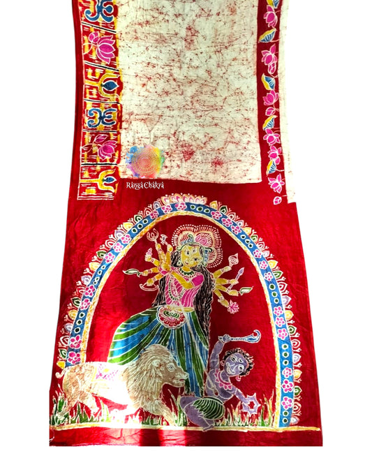 Hand Batik Silk sarees, Durga Batik Painted Saree, Hand painted Saree, Batik Painting saree, Durga Puja Saree, Handpainted Saree, Yellow saree Handpainted , Sindoor Khela Saree,  Sindur khela sarees, Red and white saree