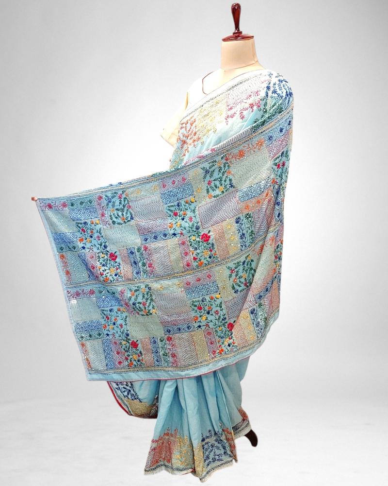 pastel blue saree, hand painted pichwai sarees, quirky saree