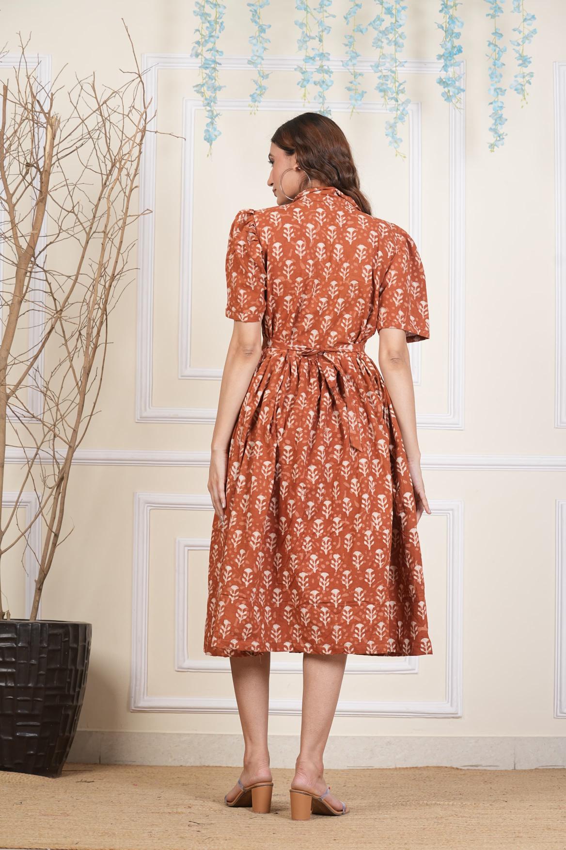 Terracotta Dress, Pure cotton Dress, sustainable dresses, Hand loom dresses, Indigo dresses, Block printed Dress, Monson Dresses, Gerua dress, Rui Fish dress, Fish printed Dress, Puffed sleeve dress, Matte Red cotton dress, Orange dress, Pocket dress, One piece Dress,  Cotton Dress,  Collar dress,, Summer dress