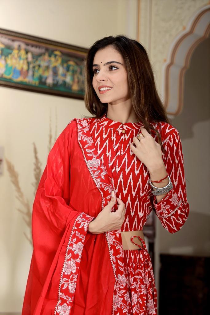 Coral Red Mul Cotton Lehenga Set
