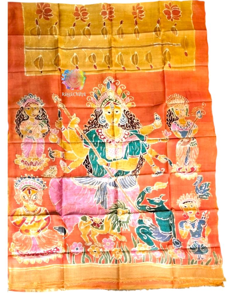 Hand Batik Silk sarees, Durga Batik Painted Saree, Hand painted Saree, Batik Painting saree, Durga Puja Saree, Handpainted Saree, Yellow saree Handpainted