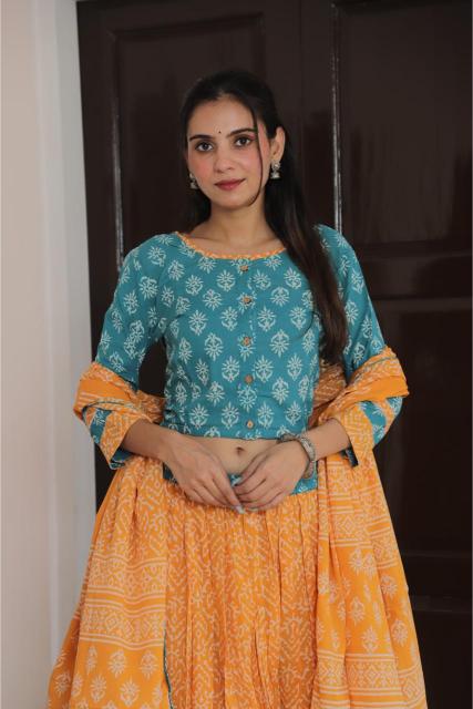 Lehenga Set For Navratri,  Cotton Lehenga set,  Mul Cotton Lehenga,  Festive Special outfit,  Lehenga , Pastel blue Lehenga , orange Lehenga