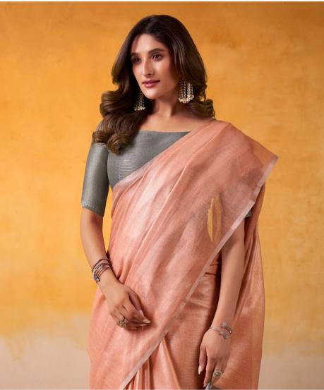 Peach Silk Saree, Peach Tissue Silk saree, Durga puja Silk sarees, Handloom Tissue Silk saree, Salmon Peach saree, Ranga Chakra Saree