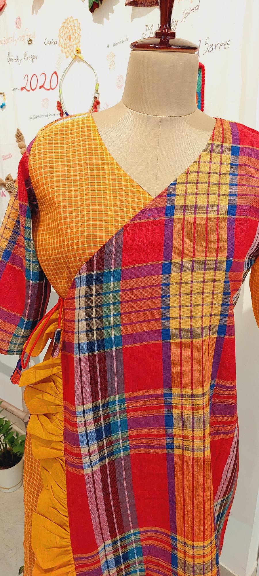 Handloom Gamcha Cotton Dress, gamcha wrap Dress, Boho Dress, Checks Dress, Summer Wrap Dress, Cotton Wrap Dress, Maxi Dress, Yellow Handloom Dress, Handcrafted Dress, Wrap Dress, Flowy dress