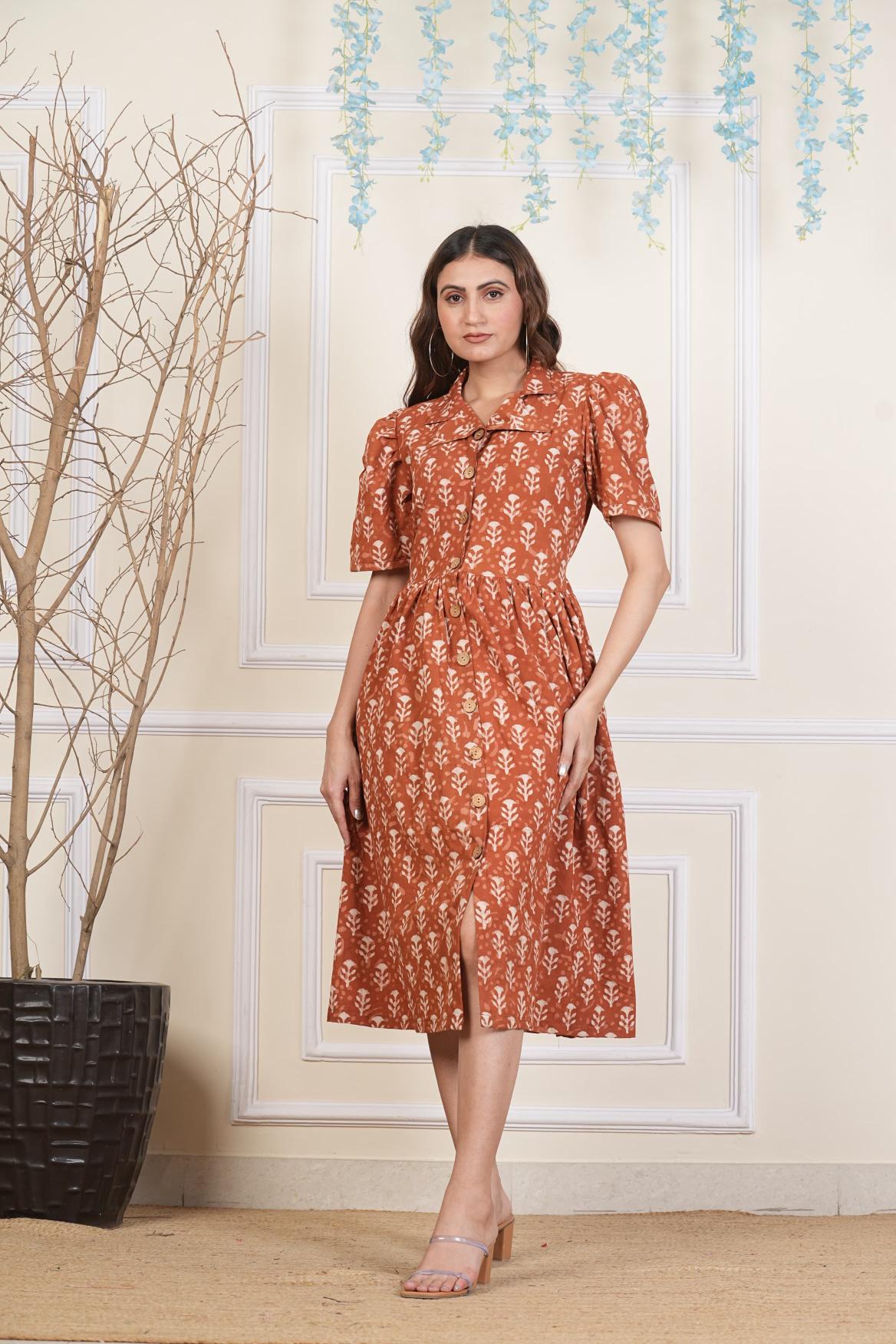 Terracotta Dress, Pure cotton Dress, sustainable dresses, Hand loom dresses, Indigo dresses, Block printed Dress, Monson Dresses, Gerua dress, Rui Fish dress, Fish printed Dress, Puffed sleeve dress, Matte Red cotton dress, Orange dress, Pocket dress, One piece Dress,  Cotton Dress,  Collar dress,, Summer dress