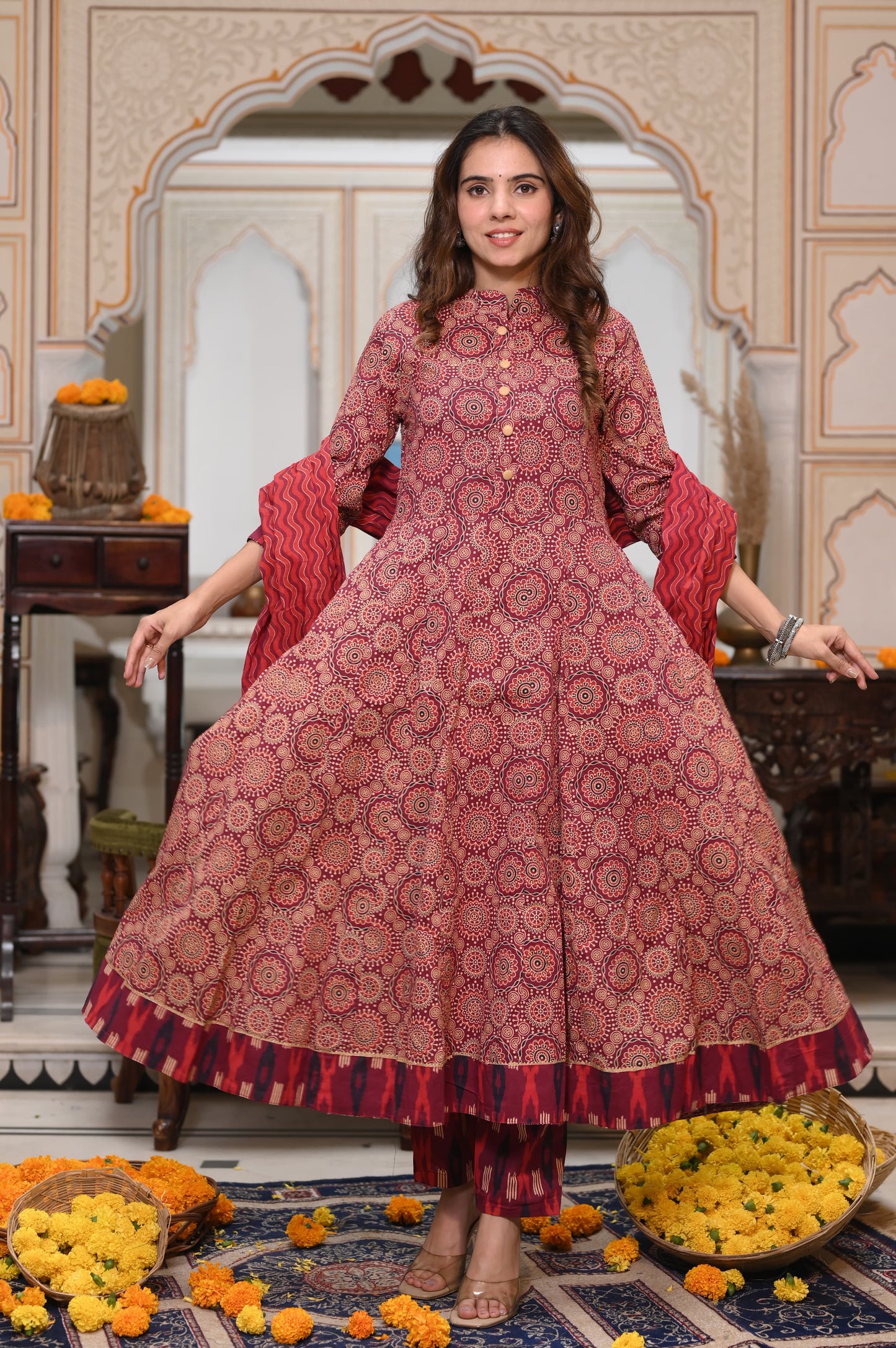 Brick red Ajrakh Mul Cotton Anarkali Suits