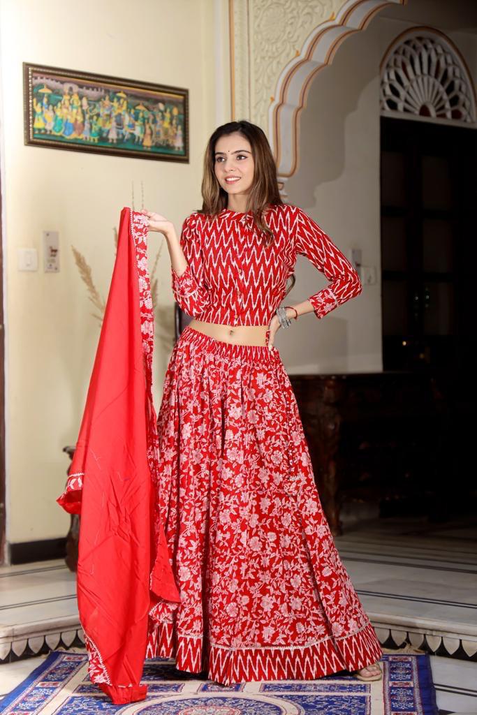 Coral Red Mul Cotton Lehenga Set