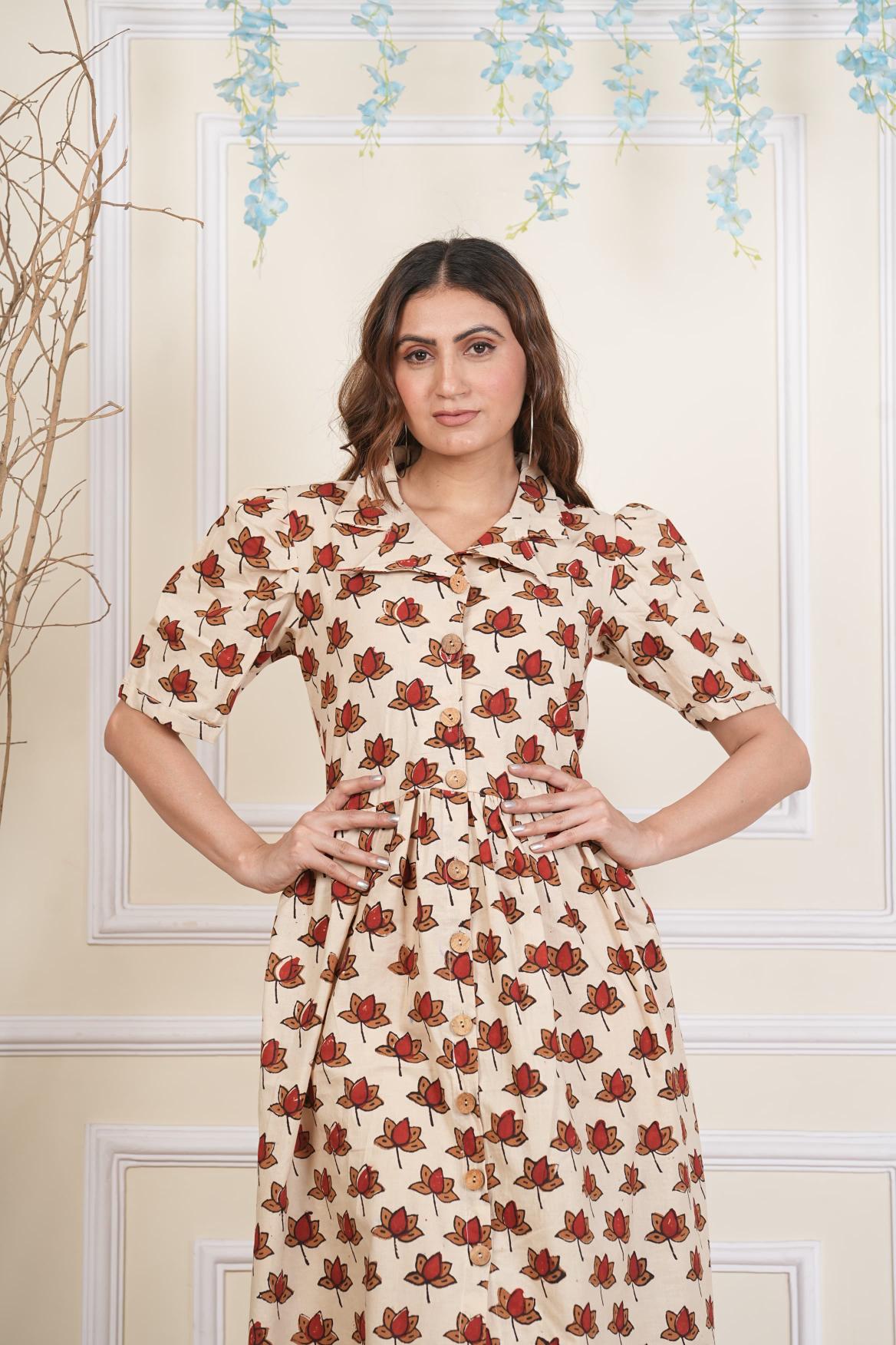 Beige Floral printed Cotton dress, Pure cotton Dress, sustainable dresses, Hand loom dresses, Indigo dresses, Block printed Dress, Monson Dresses, Gerua dress, Rui Fish dress, Fish printed Dress, Puffed sleeve dress, Matte Red cotton dress, Orange dress, Pocket dress, One piece Dress,  Cotton Dress,  Collar dress,, Summer dress, Beige dress