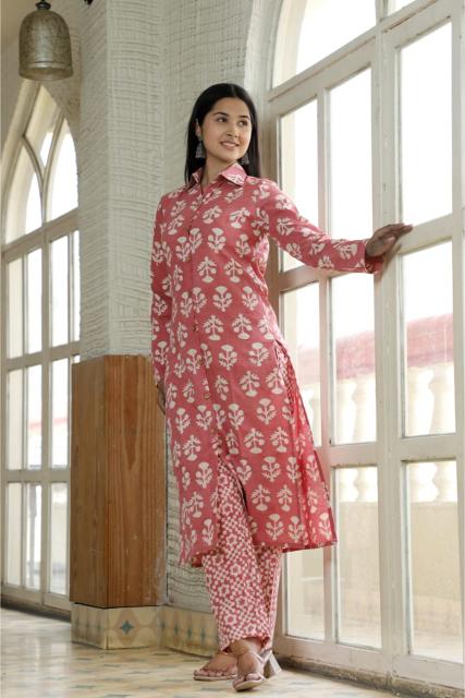 Peach Cotton Shirt Collar Co-ord Set