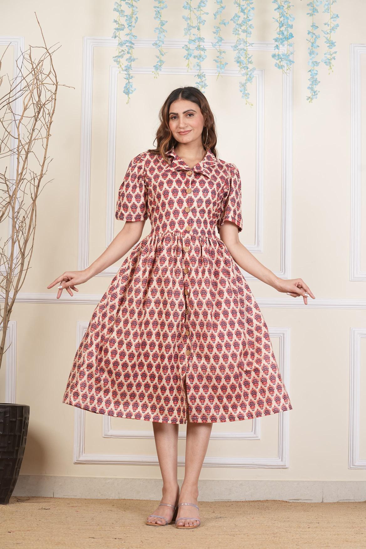 Abstract print Dress, Pure cotton Dress, sustainable dresses, Hand loom dresses, Indigo dresses, Block printed Dress, Monson Dresses, Gerua dress, Rui Fish dress, Fish printed Dress, Puffed sleeve dress, Matte Red cotton dress, floral dress, Pocket dress, One piece Dress,  Cotton Dress,  Collar dress,, Summer dress