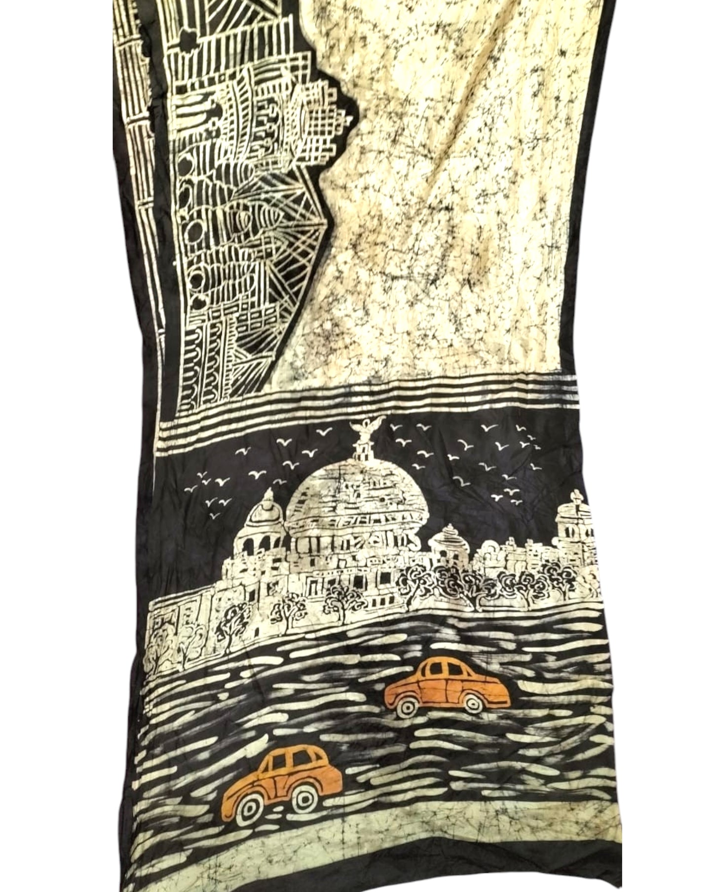 Kolkata Skyline Amar Sohor Saree, Hand Painted Batik, Victoria Memorial Concept Silk saree, Quirky Saree, Batik Silk saree, Batik Painting saree, Kolkata Saree, Kolkata Cityescape saree, Painted Saree, Painting Saree, Black and white saree
