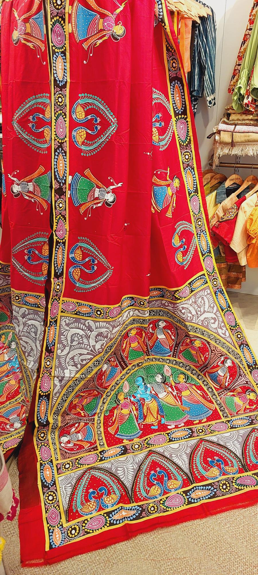 Pattachitra Handpainted saree, Krishna leela saree, Pattachitra saree