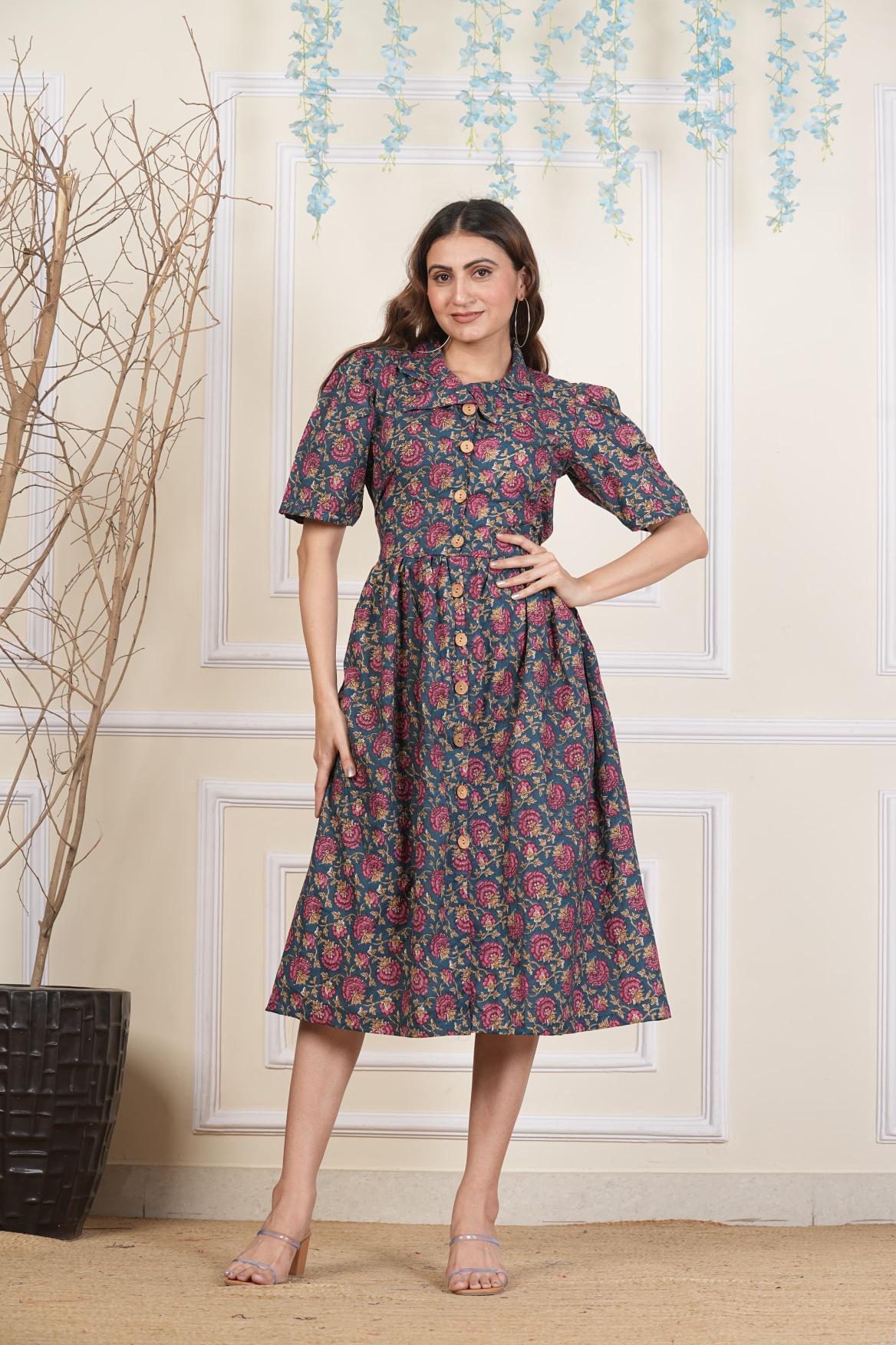 Botanical Floral printed Cotton dress, Pure cotton Dress, sustainable dresses, Hand loom dresses, Indigo dresses, Block printed Dress, Monson Dresses, Gerua dress, Rui Fish dress, Fish printed Dress, Puffed sleeve dress, Matte Red cotton dress, Orange dress, Pocket dress, One piece Dress,  Cotton Dress,  Collar dress,, Summer dress, , Kalamkari Dress