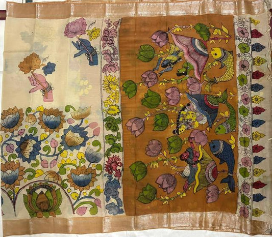 Village theme Pen Kalamkari saree, Handpainted sarees, Kalamkari sarees, Pure silk Kalamkari sarees, Beige painted saree, sarees for women