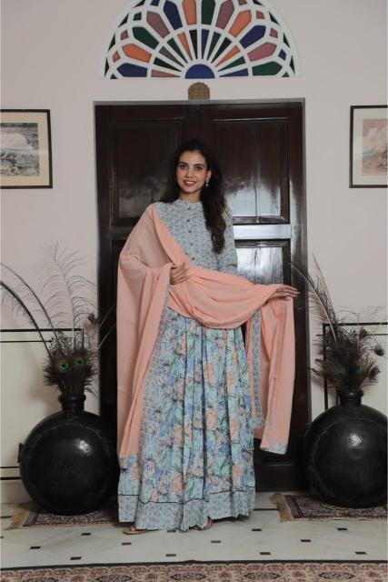 Lehenga Set For Navratri,  Cotton Lehenga set,  Mul Cotton Lehenga,  Festive Special outfit,  Lehenga , Pastel blue Lehenga