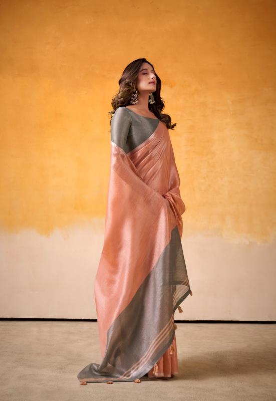 Peach Silk Saree, Peach Tissue Silk saree, Durga puja Silk sarees, Handloom Tissue Silk saree, Salmon Peach saree, Ranga Chakra Saree