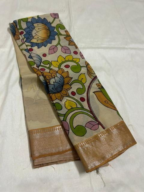 Village theme Pen Kalamkari saree, Handpainted sarees, Kalamkari sarees, Pure silk Kalamkari sarees, Beige painted saree, sarees for women