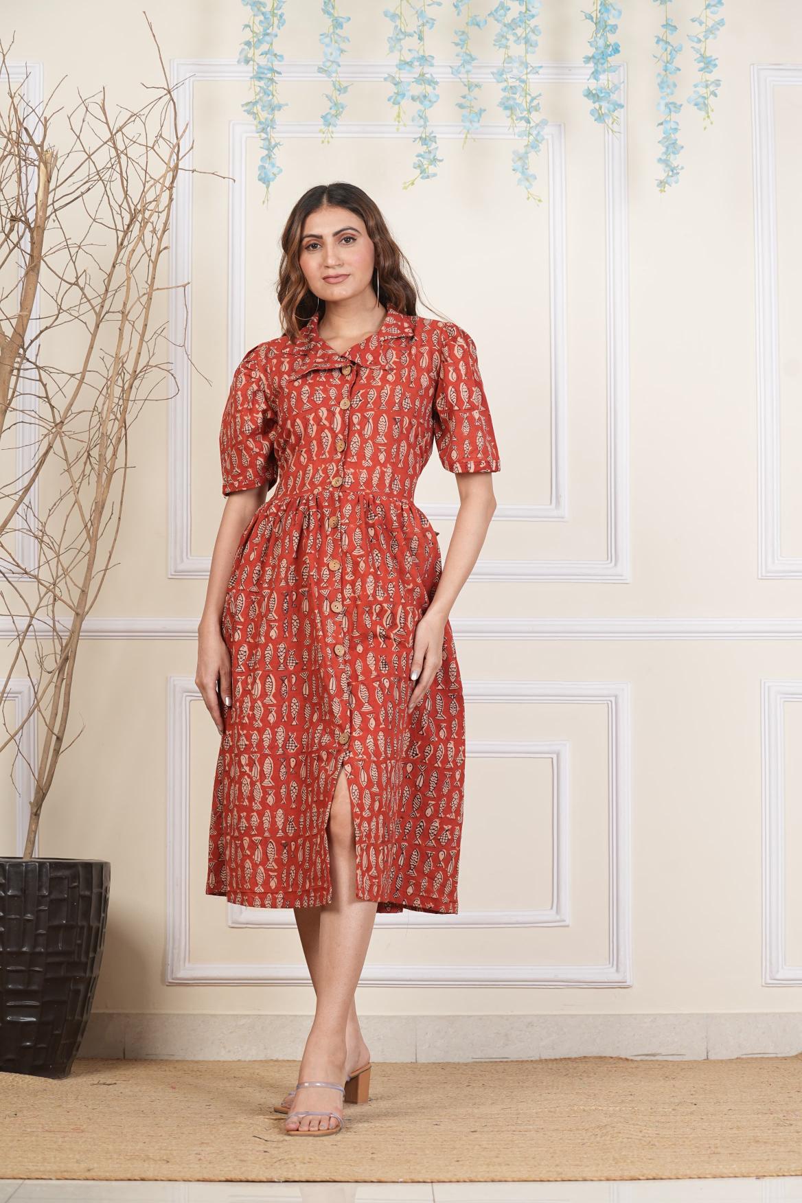 Fish print Dress, Pure cotton Dress, sustainable dresses, Hand loom dresses, Indigo dresses, Block printed Dress, Monson Dresses, Rohu fish dress, Rui Fish dress, Fish printed Dress, Puffed sleeve dress, Matte Red cotton dress