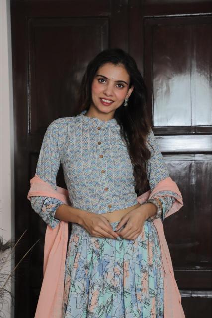 Lehenga Set For Navratri,  Cotton Lehenga set,  Mul Cotton Lehenga,  Festive Special outfit,  Lehenga , Pastel blue Lehenga