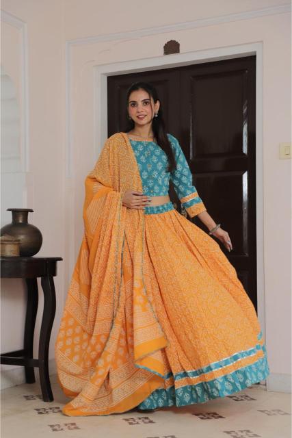 Lehenga Set For Navratri,  Cotton Lehenga set,  Mul Cotton Lehenga,  Festive Special outfit,  Lehenga , Pastel blue Lehenga , orange Lehenga