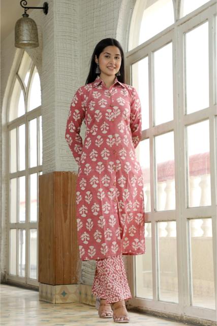 Peach Cotton Shirt Collar Co-ord Set