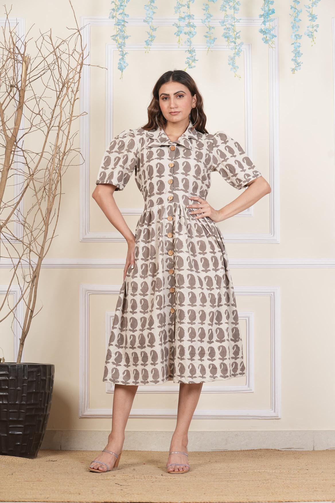 Beige Paisley Cotton dress,Feather prints, Pure cotton Dress, sustainable dresses, Hand loom dresses, Indigo dresses, Block printed Dress, Monson Dresses, Gerua dress, , feather printed Dress, Puffed sleeve dress, Matte Red cotton dress, Orange dress, Pocket dress, One piece Dress, Cotton Dress, Collar dress,, Summer dress, , Kalamkari Dress
