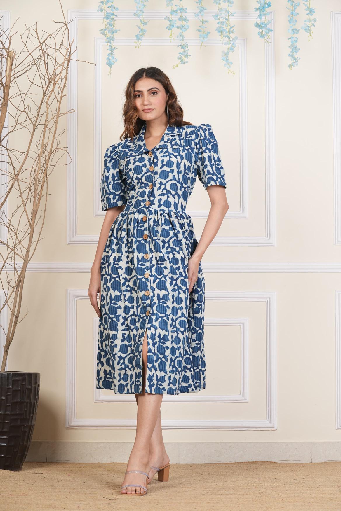 Indigo dream Dress, Pure cotton Dress, Sustainable dresses, Hand loom dresses, Indigo Dresses, Block printed Dress, Monson Dresses