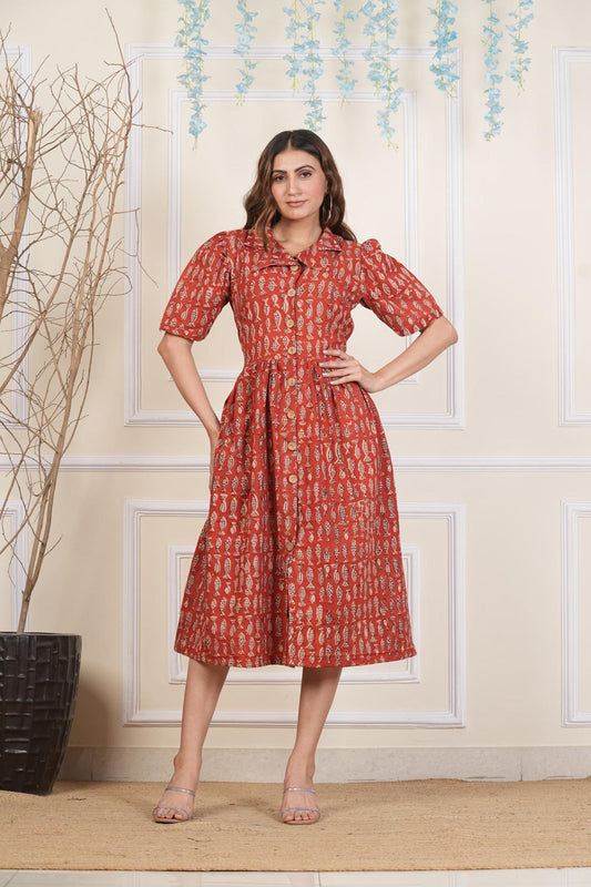 Fish print Dress, Pure cotton Dress, sustainable dresses, Hand loom dresses, Indigo dresses, Block printed Dress, Monson Dresses, Rohu fish dress, Rui Fish dress, Fish printed Dress, Puffed sleeve dress, Matte Red cotton dress