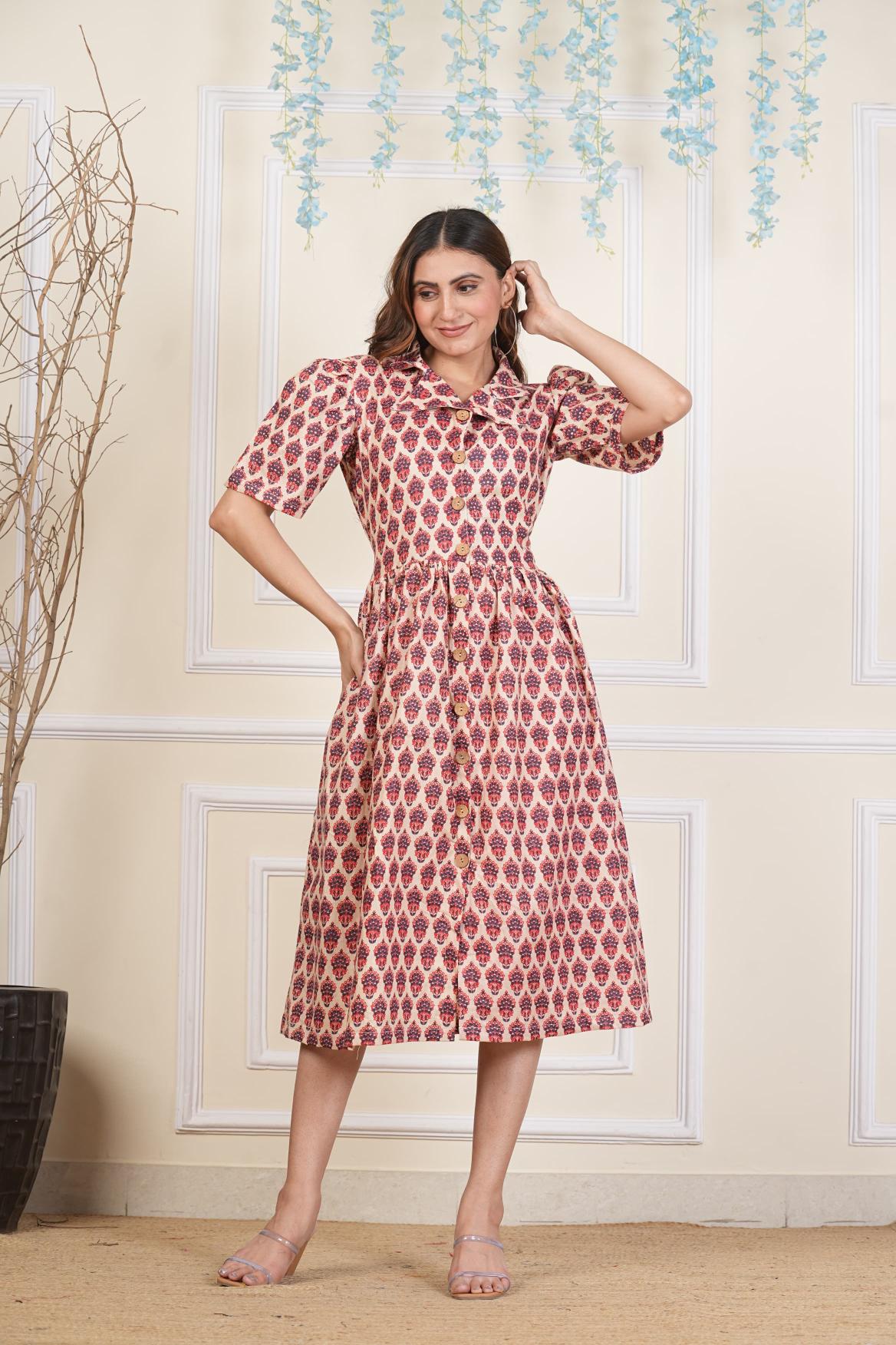 Abstract print Dress, Pure cotton Dress, sustainable dresses, Hand loom dresses, Indigo dresses, Block printed Dress, Monson Dresses, Gerua dress, Rui Fish dress, Fish printed Dress, Puffed sleeve dress, Matte Red cotton dress, Orange dress, Pocket dress, One piece Dress,  Cotton Dress,  Collar dress,, Summer dress