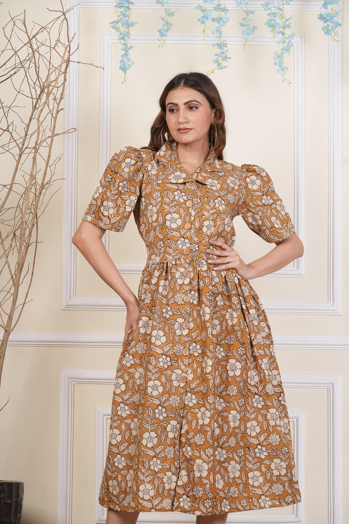 Buttercup Floral printed Cotton dress, Pure cotton Dress, sustainable dresses, Hand loom dresses, Indigo dresses, Block printed Dress, Monson Dresses, Gerua dress, Rui Fish dress, Fish printed Dress, Puffed sleeve dress, Matte Red cotton dress, Orange dress, Pocket dress, One piece Dress,  Cotton Dress,  Collar dress,, Summer dress, , Kalamkari Dress