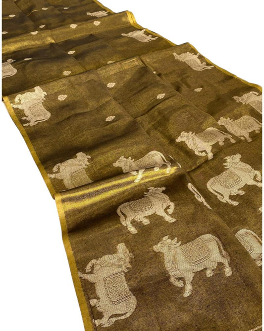 Antique Gold Tissue Pichwai Weave Saree,Tissue Silk saree, Kamdhenu Saree