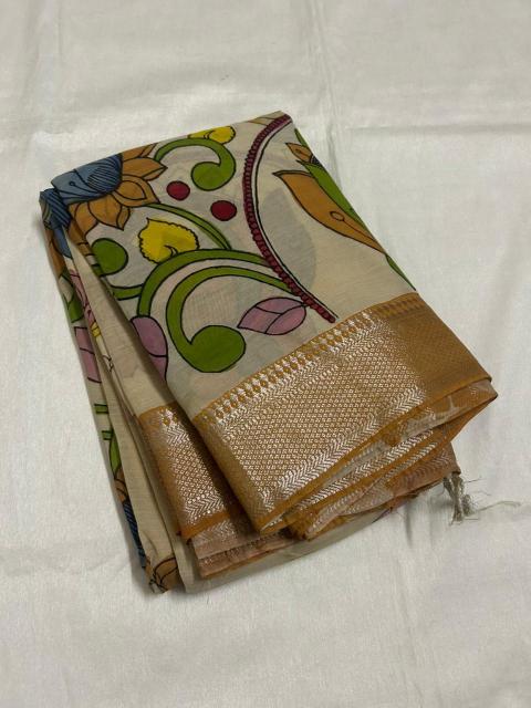 Village theme Pen Kalamkari saree, Handpainted sarees, Kalamkari sarees, Pure silk Kalamkari sarees, Beige painted saree, sarees for women