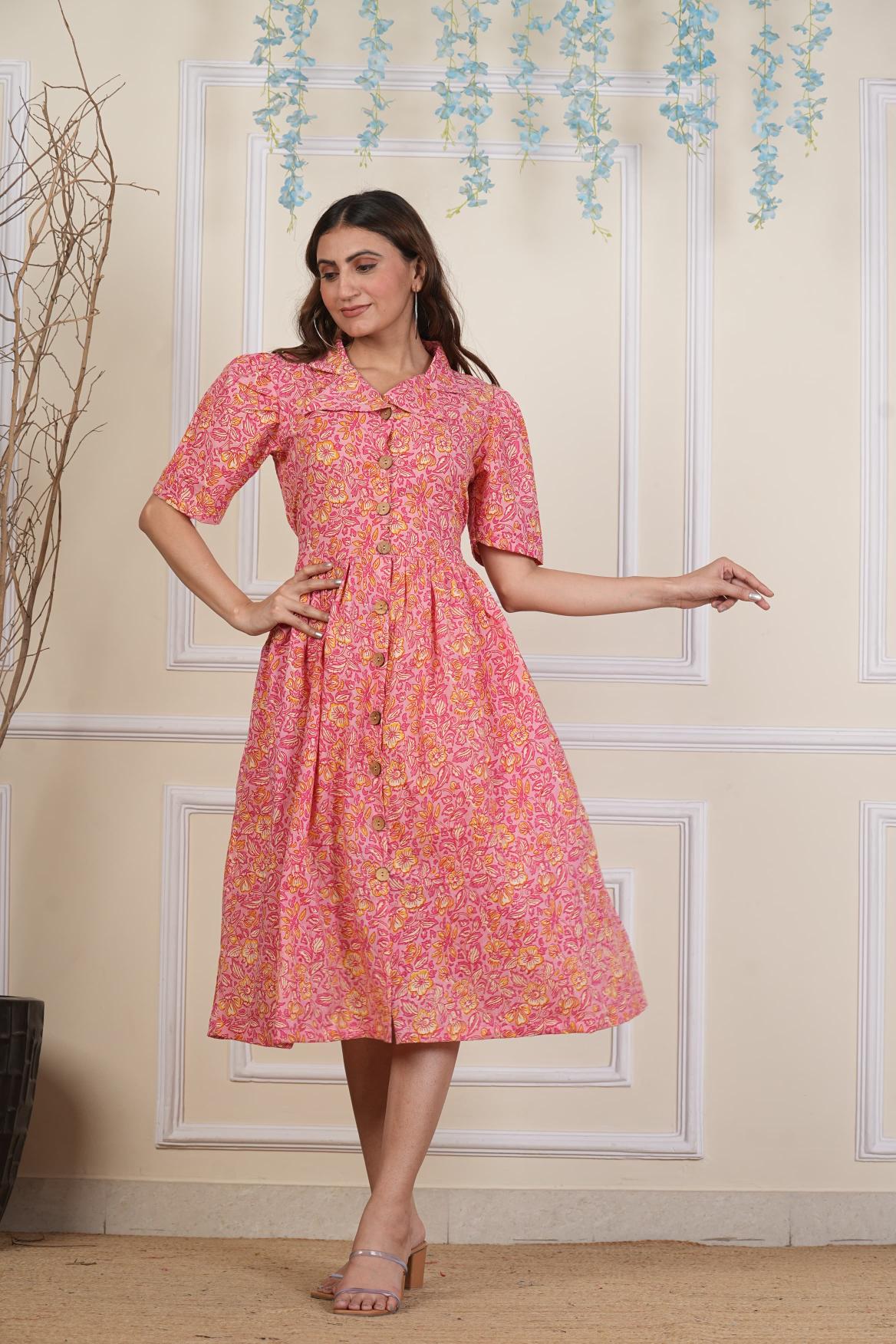 Tiny Floral printed Cotton dress, Pure cotton Dress, sustainable dresses, Hand loom dresses, Indigo dresses, Block printed Dress, Monson Dresses, Gerua dress, Rui Fish dress, Fish printed Dress, Puffed sleeve dress, Matte Red cotton dress, Orange dress, Pocket dress, One piece Dress,  Cotton Dress,  Collar dress,, Summer dress