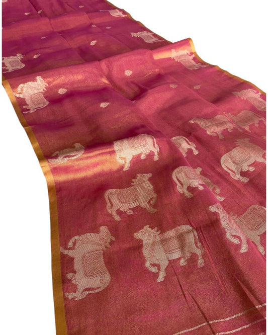 Pink Gold Tissue Silk saree Pichwai Weave, Metallic Tissue Silk saree, Copper saree. Pink GOLD SILK SAREE