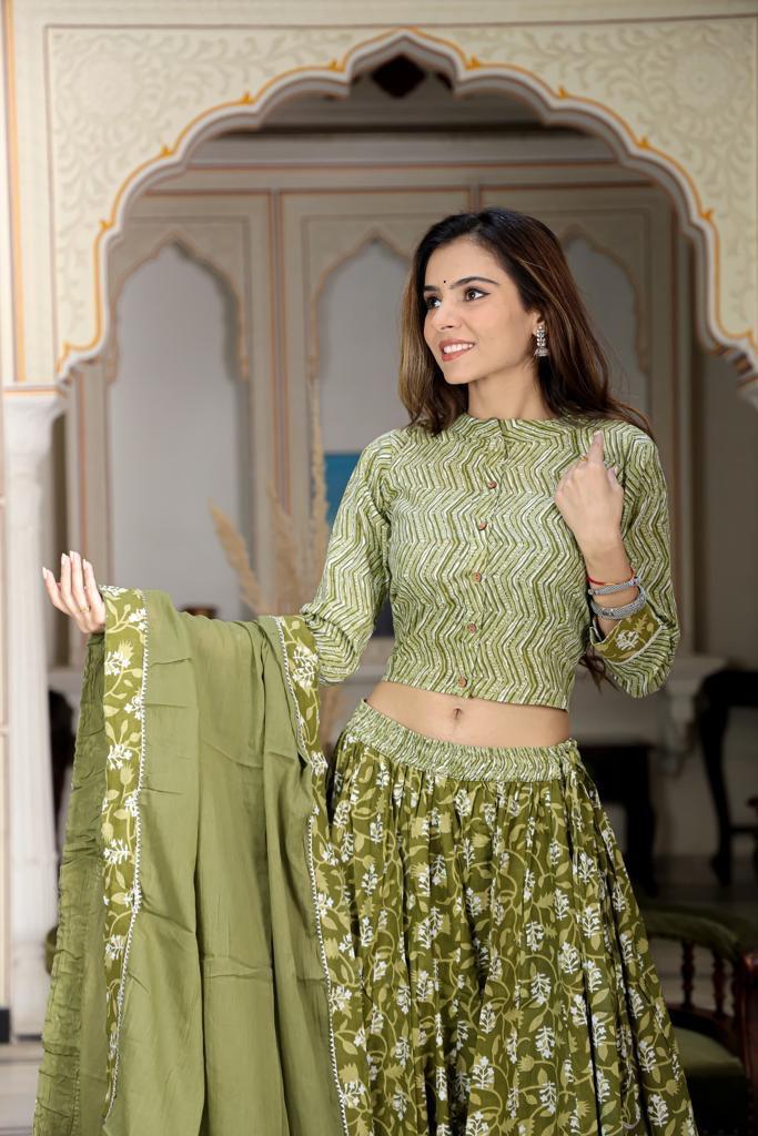 Olive Mul Cotton Lehenga Set